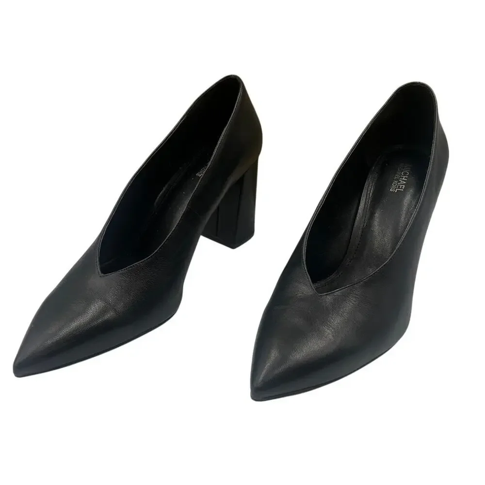 Michael Kors MK Pumps Cambria Pointed Toe Block Heel Black Leather Size 8.5 M